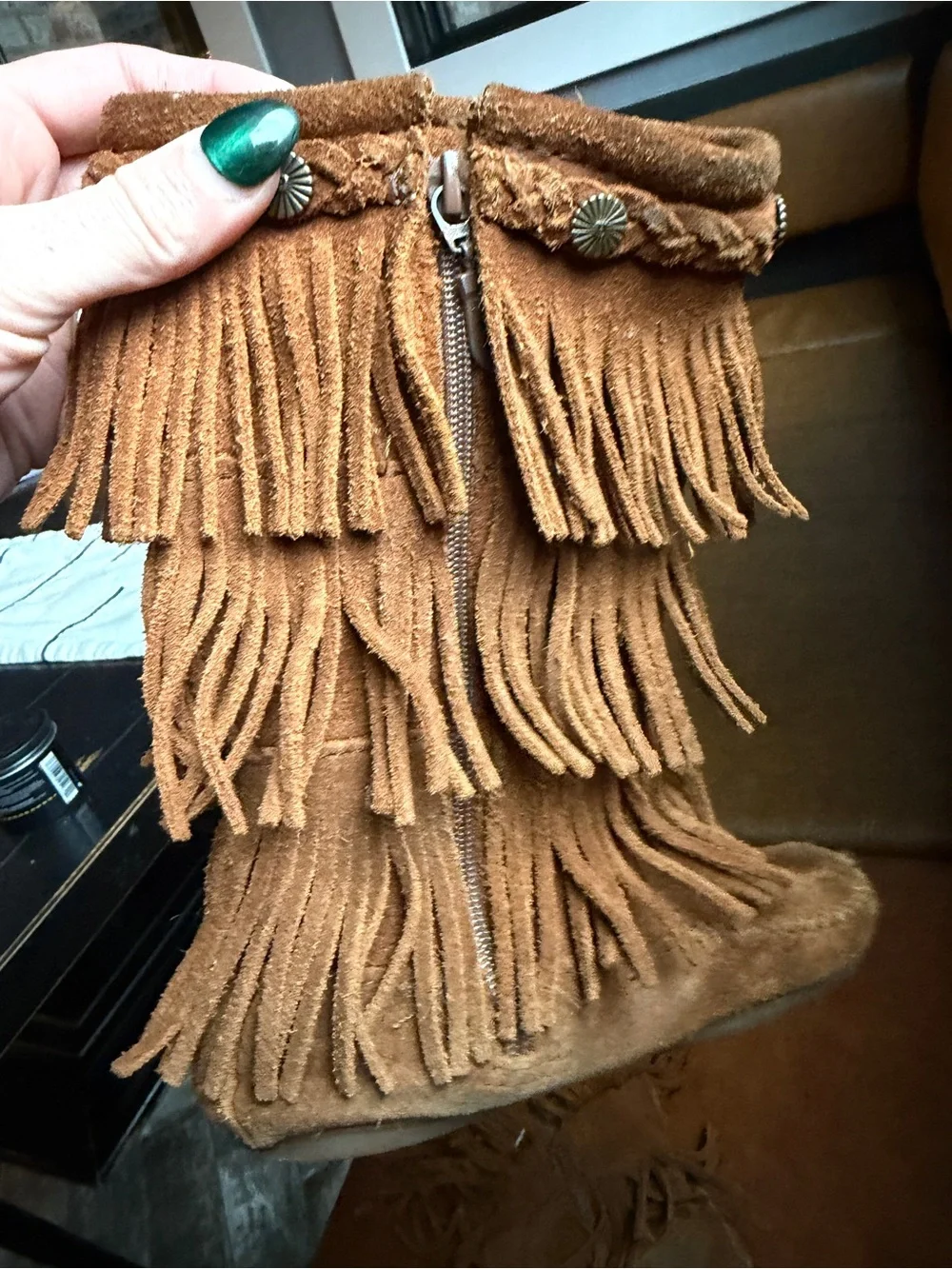 Minnetonka Fringe Suede Moccasin Boots in Cognac